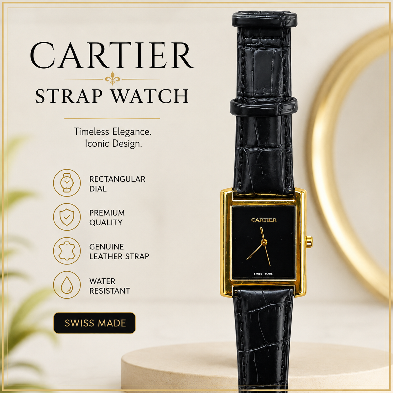 Cartier Classic Black Leather Strap Watch